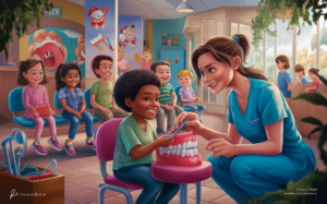 An illustration showing a friendly dental professional teaching children about oral hygiene using a model of teeth in a colorful, kid-friendly dental office decorated with playful characters and murals.