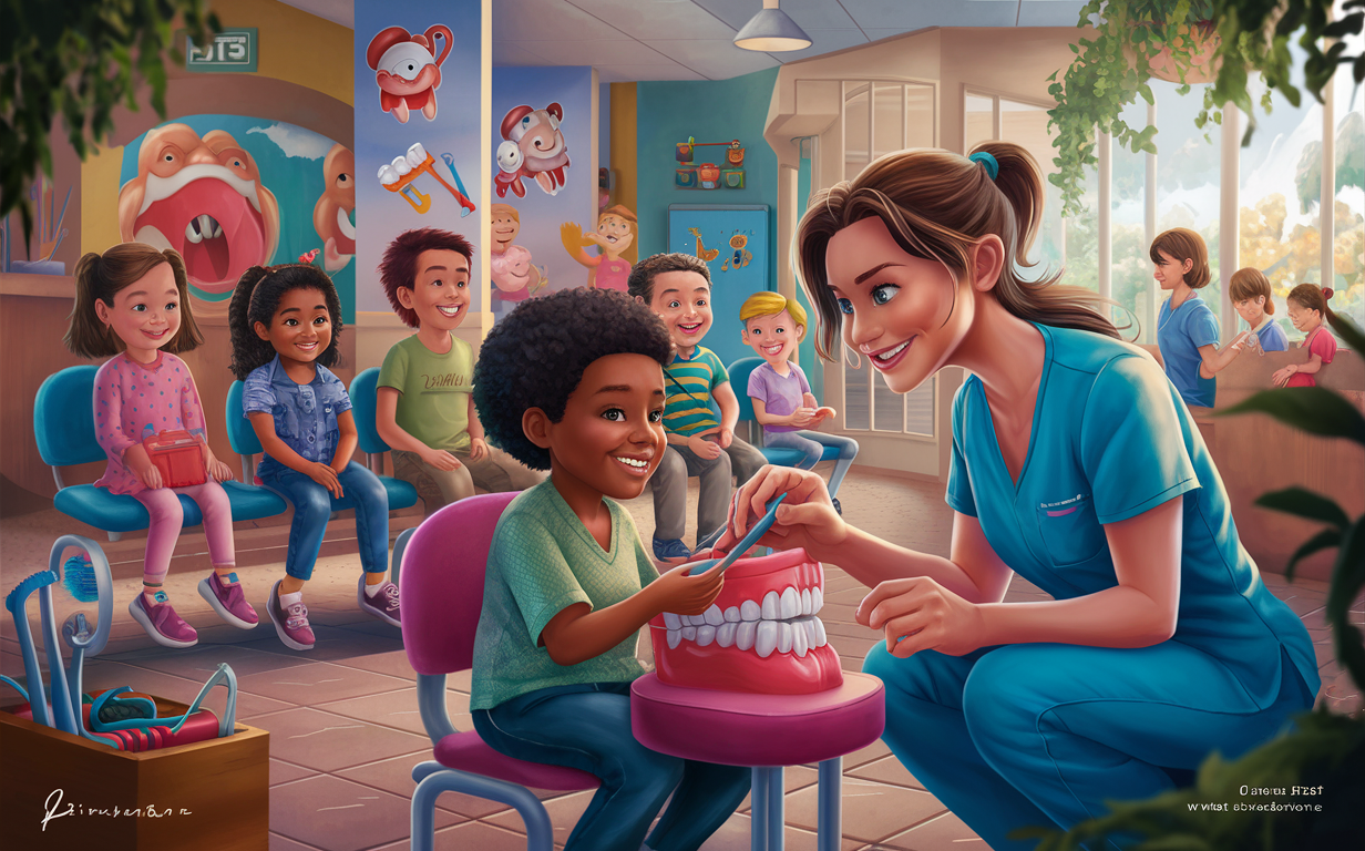 An illustration of a friendly dental visit, showing a diverse group of children sitting in a colorful, kid-themed dental clinic. A dentist in colorful scrubs is showing a tooth model to a smiling young boy, while other children look on with curiosity and interest.