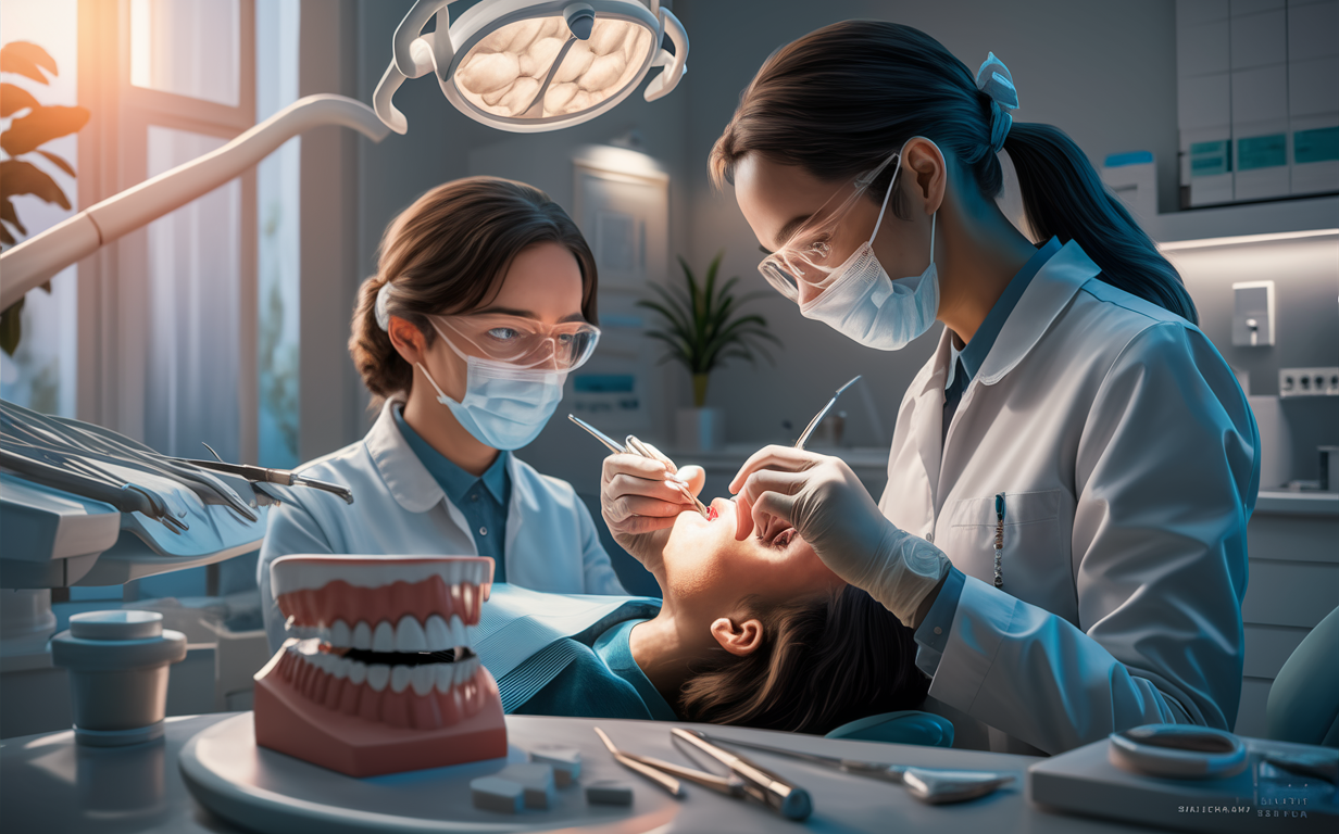 Two dentists in a dental office performing a dental procedure on a patient while wearing protective masks and equipment