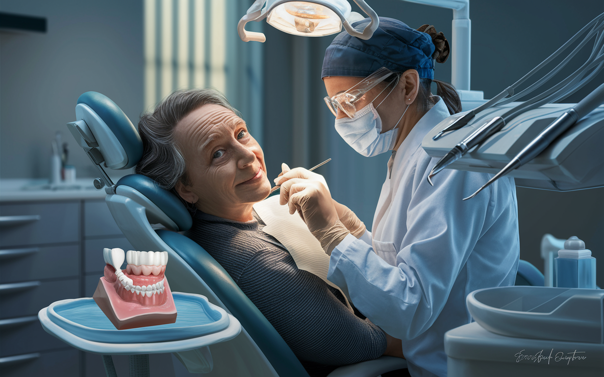 An image depicting a dental procedure, with a patient sitting in a dental chair and a dentist leaning over them, wearing medical attire and performing a treatment under an overhead light.