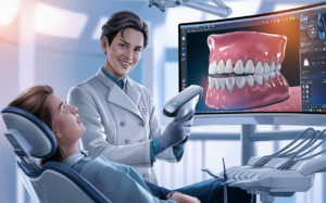 A dentist using advanced digital technology to show a patient a 3D rendering of their teeth on a computer screen during a dental consultation