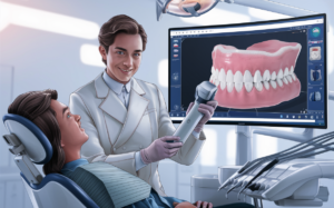 A dentist using digital technology to take impressions of a patient's teeth, with a 3D model displayed on a computer screen, showcasing modern dental care practices.