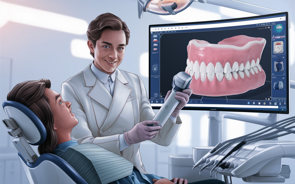 A dentist showing a patient a 3D digital model of teeth on a computer screen during a dental consultation, illustrating the use of modern technology in dentistry.