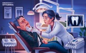 An illustration depicting a patient receiving emergency dental treatment from a dentist at a clinic. The patient is grimacing in pain while the dentist examines their mouth, with dental equipment and an X-ray image of teeth visible in the background.