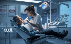 An illustration of a dental specialist carefully treating gum disease, wearing protective eyewear and using precise dental tools in a modern clinical setting.