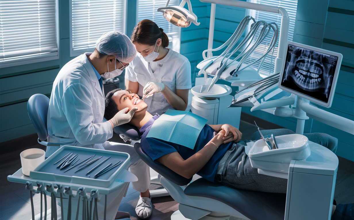 Two dentists examining a patient during a routine dental check-up in a modern dental office setting