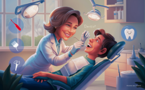 An illustration depicting a dentist examining a patient's mouth during a routine dental checkup, with dental tools and icons surrounding them in the dental office setting. Routine dental check-ups