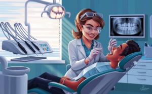 An illustration of a friendly dentist examining a patient's teeth during a routine dental check-up in a modern dental office setting with dental equipment and an X-ray display visible. 