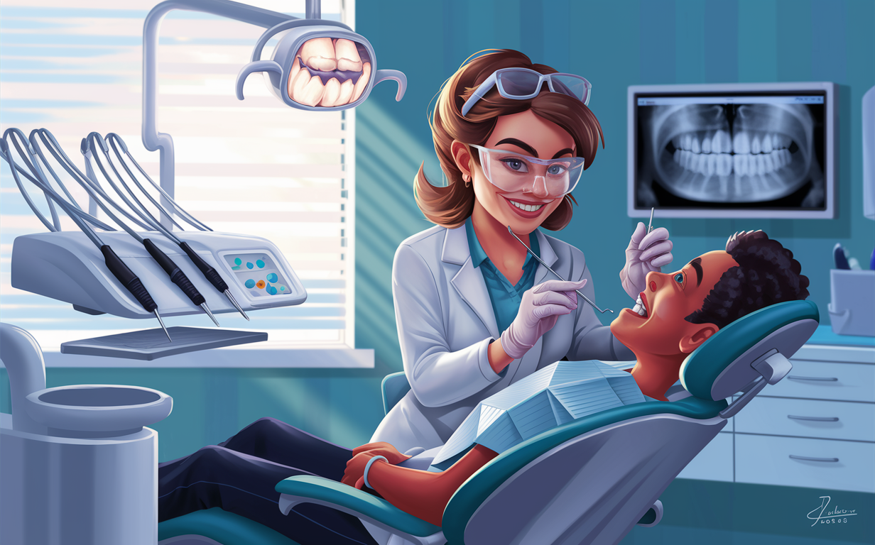 An illustration of a friendly dentist examining a patient's teeth during a routine dental checkup in a modern dental office setting