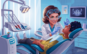 An illustration of a friendly dentist in a dental office examining a young patient's teeth during a routine dental check-up, with dental equipment and an X-ray display visible in the background.