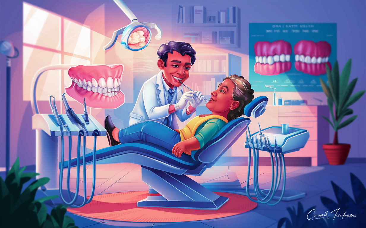 An illustration of a dentist examining a patient during a routine dental check-up in a dental office setting, with dental equipment and educational posters visible.