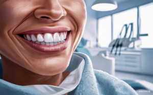 A close-up image of a person smiling widely, revealing perfectly white and straight teeth after undergoing a professional teeth whitening procedure in a dental clinic setting.