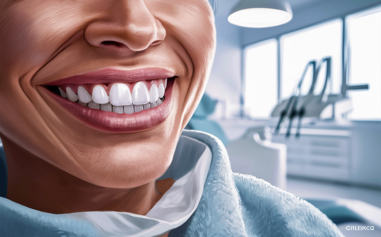 An illustration of a smiling mouth with perfectly white teeth in a dental clinic setting, promoting teeth whitening procedures for a bright smile.