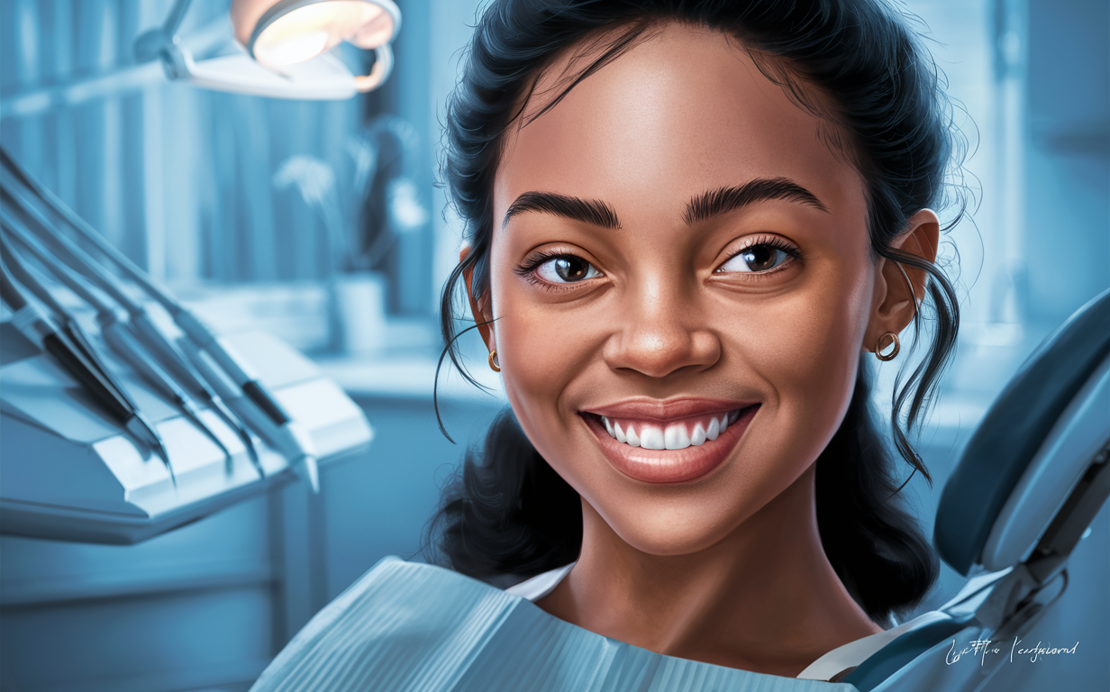 An illustration showing teeth whitening products like a toothbrush, gel, and mouth trays alongside a close-up view of a smiling mouth with bright, white teeth.