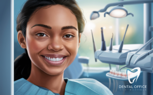 An illustration of a smiling young dental professional in a dental office setting, with a dental chair and equipment visible in the background, promoting dental services.