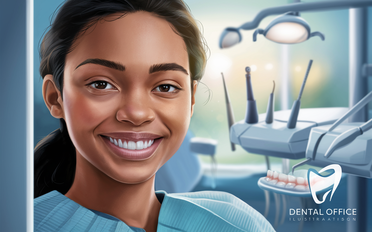 An illustration of a smiling young dental hygienist wearing a blue medical uniform, standing in a modern dental office with dental chairs and equipment in the background, promoting teeth whitening procedures and a path to a dazzling smile.