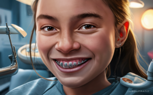 A close-up portrait of a smiling young girl with braces on her teeth, sitting at an orthodontist's examination chair with dental equipment visible in the background.